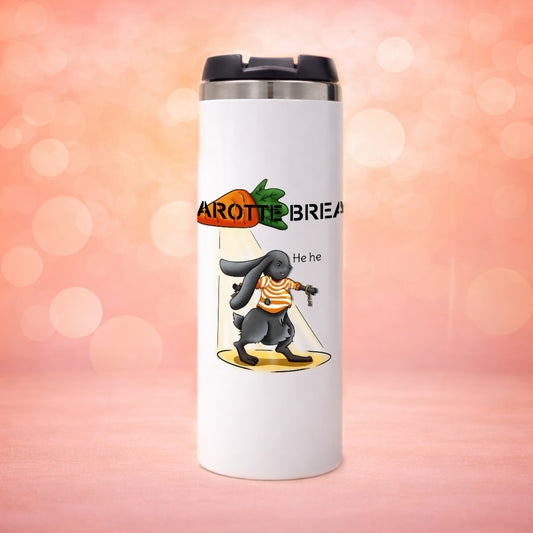 Mug isotherme illustration lapin humour Carotte Break, design animalier original Libellule Graphisme pour petlovers