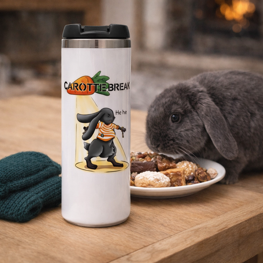 Mug isotherme illustration lapin humour Carotte Break, design animalier original Libellule Graphisme pour petlovers