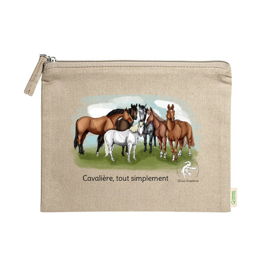 Trousse en coton bio avec illustration de chevaux et texte Cavalière tout simplement, création Libellule Graphisme pour passionnés d’équitation et idée cadeau cavalière